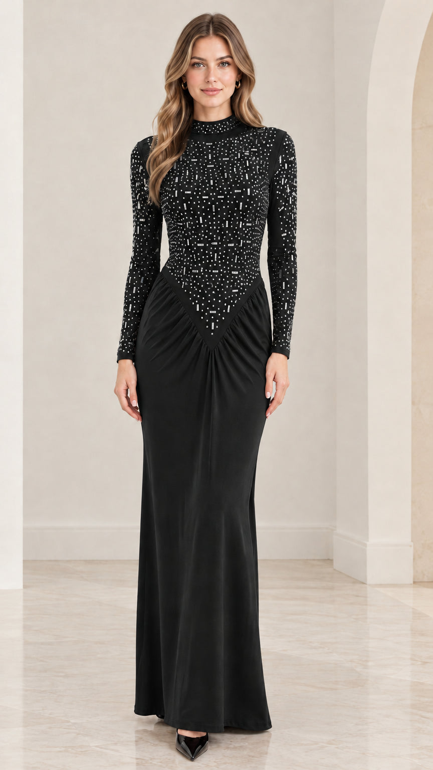 Front view of black long sleeve rhinestone formal maxi dress
