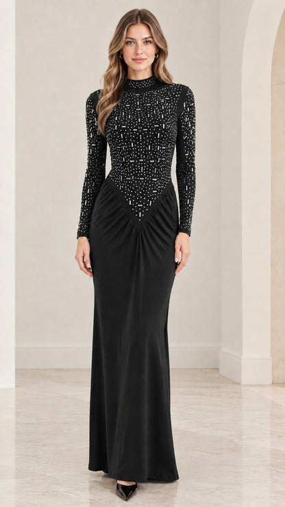Front view of black long sleeve rhinestone formal maxi dress