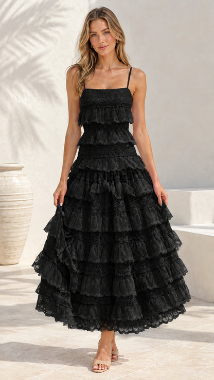 Front view of woman wearing Black tiered eyelet lace cami maxi dress