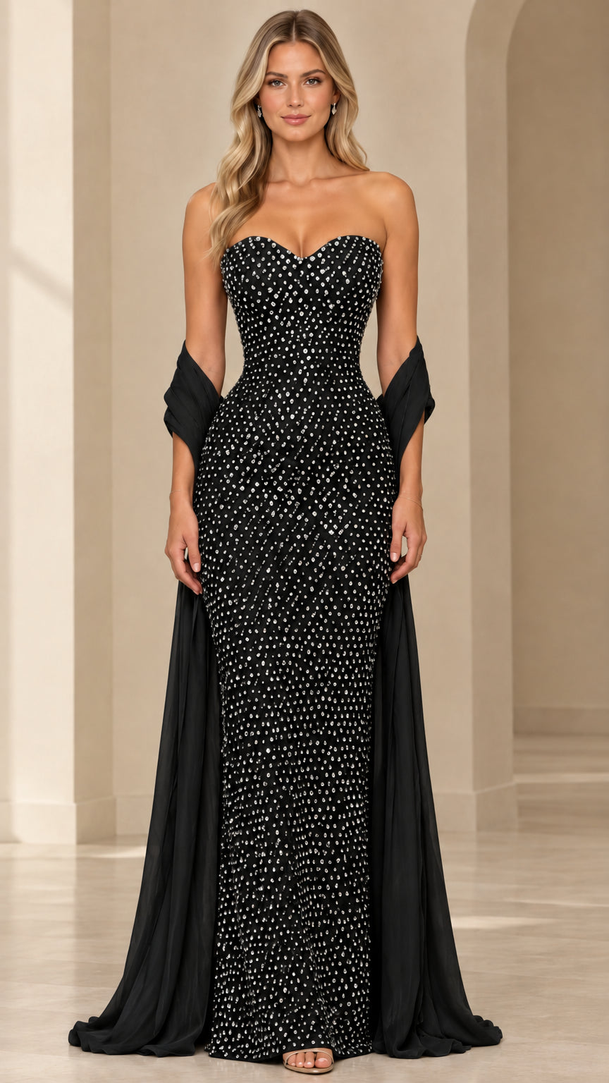 Black strapless rhinestone embellished evening gown with matching black draped shawl