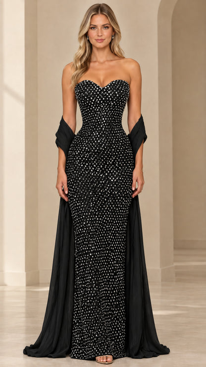 Black strapless rhinestone embellished evening gown with matching black draped shawl