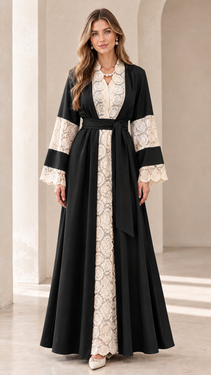Front full view of Black lace panel long sleeve maxi abaya dress