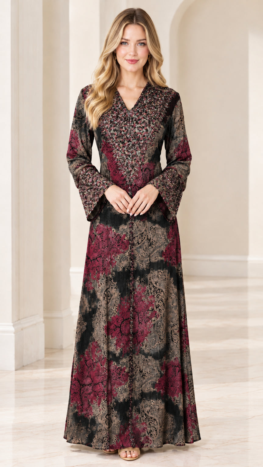 Front view of woman wearing charcoal plum patterned long sleeve maxi dress