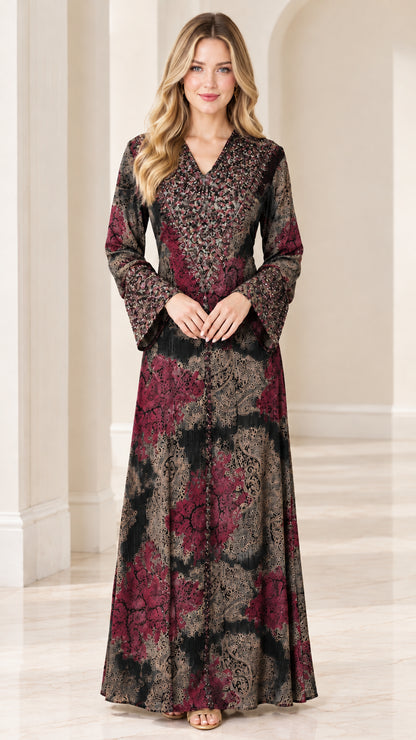 Front view of woman wearing charcoal plum patterned long sleeve maxi dress