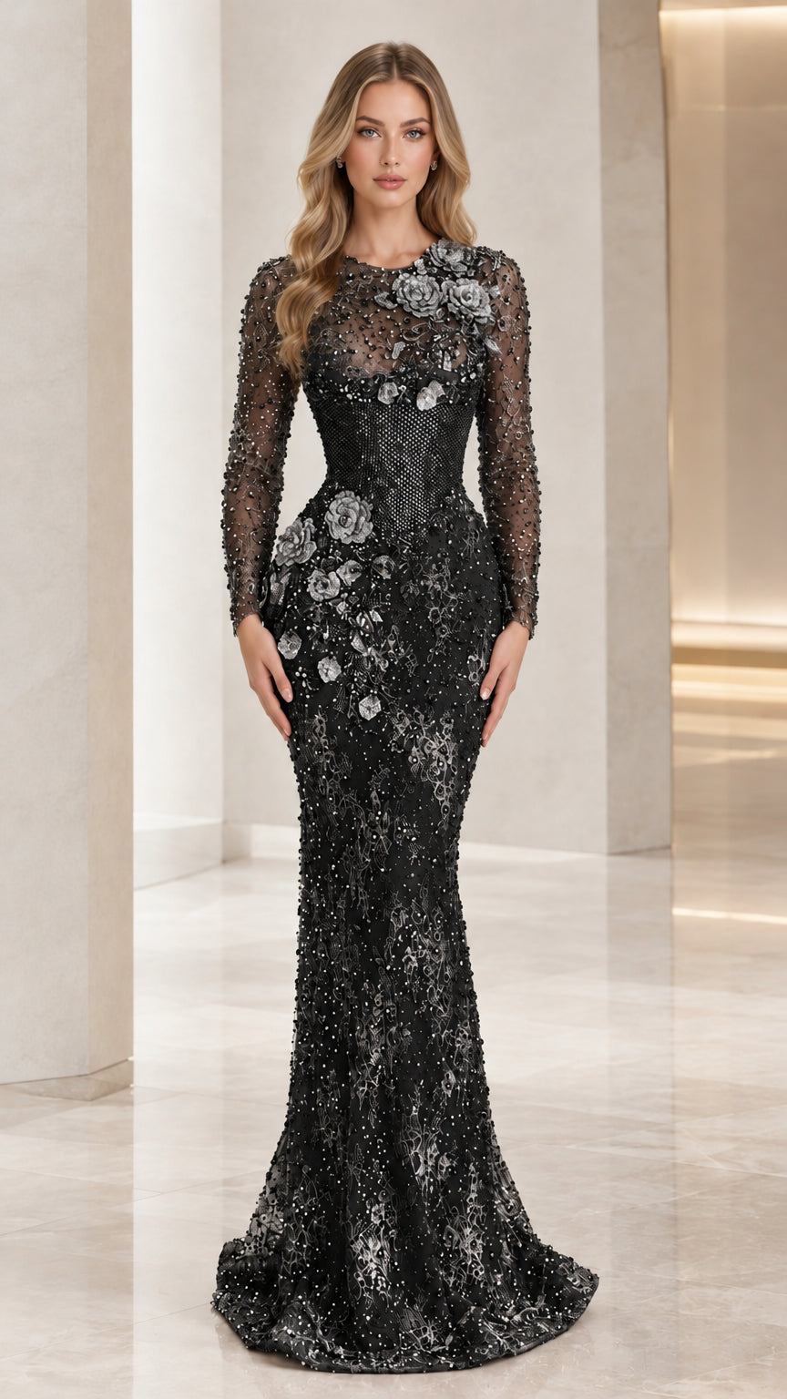 Black beaded long sleeve mermaid evening gown with floral appliqués