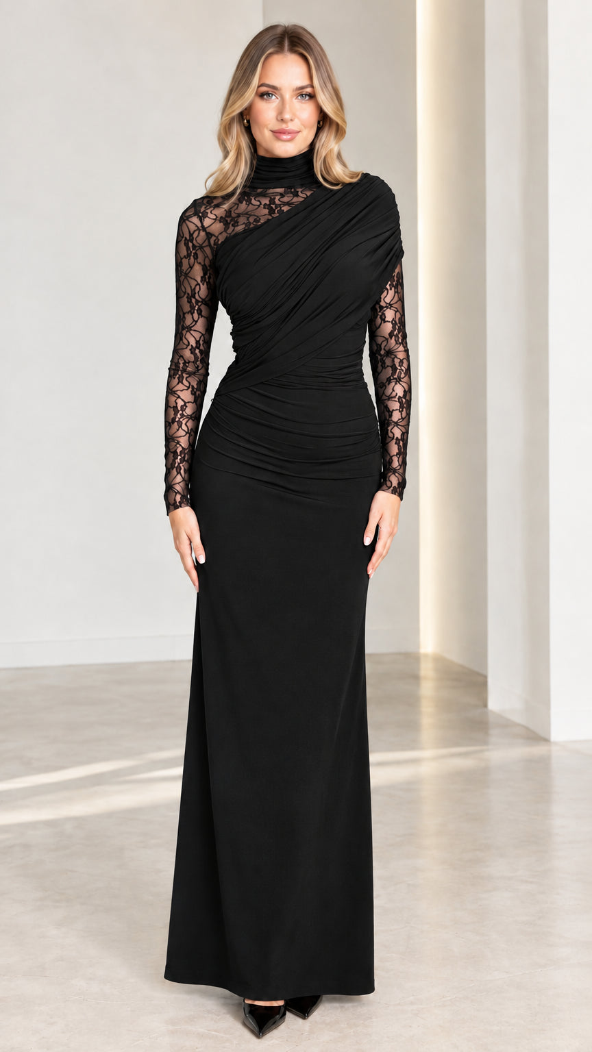 Front view of model wearing Black lace sleeve asymmetrical ruched formal maxi gown