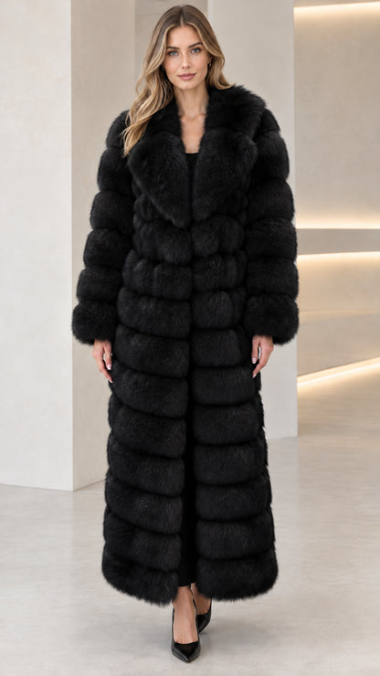 Full-length black tiered faux fur maxi coat front view