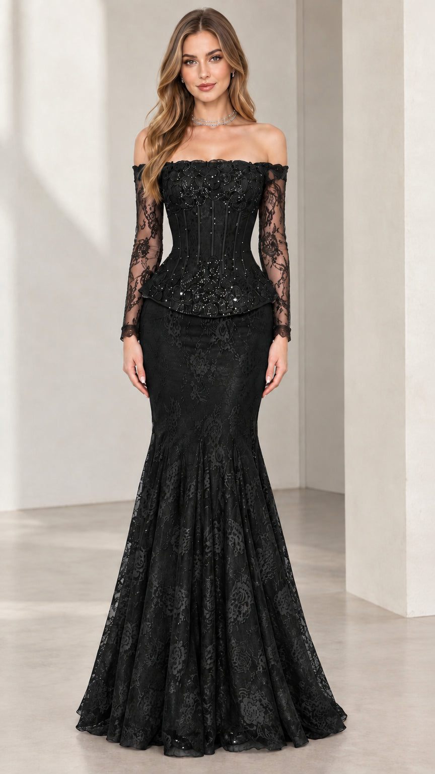 Full-length front view of woman wearing black off-the-shoulder lace mermaid gown