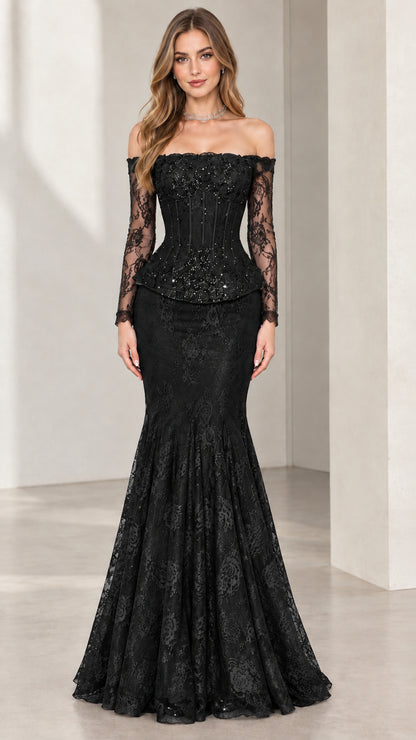 Full-length front view of woman wearing black off-the-shoulder lace mermaid gown