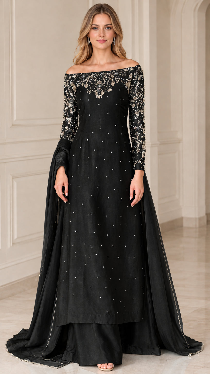 Black off-the-shoulder evening gown set featuring silver and gold floral bead embroidery