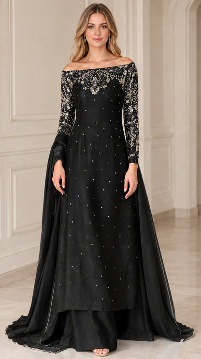 Black off-the-shoulder evening gown set featuring silver and gold floral bead embroidery