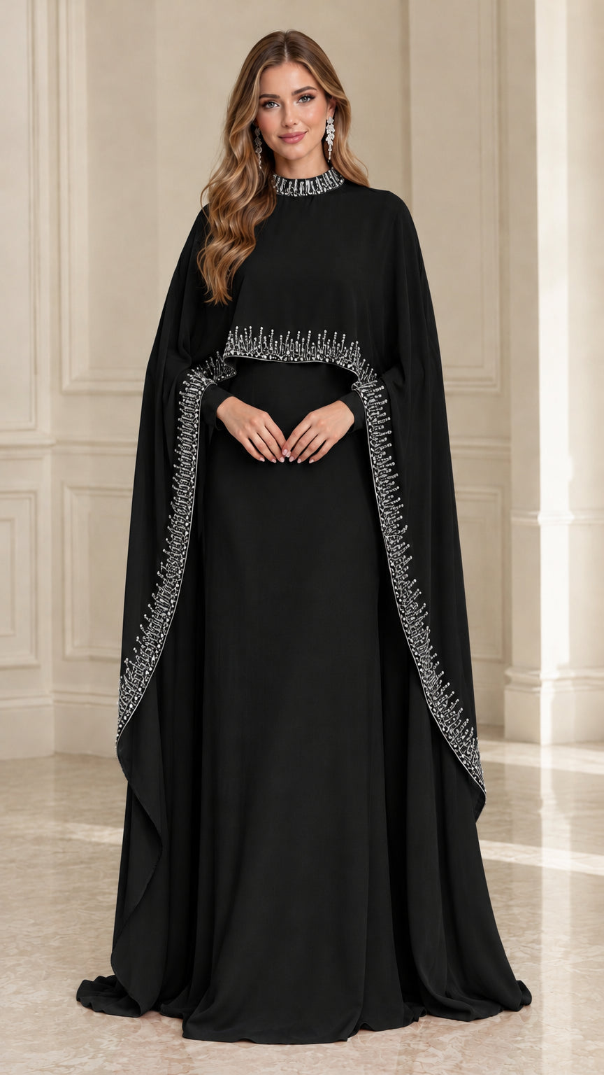 Front view of Black embellished high neck cape sleeve maxi evening gown