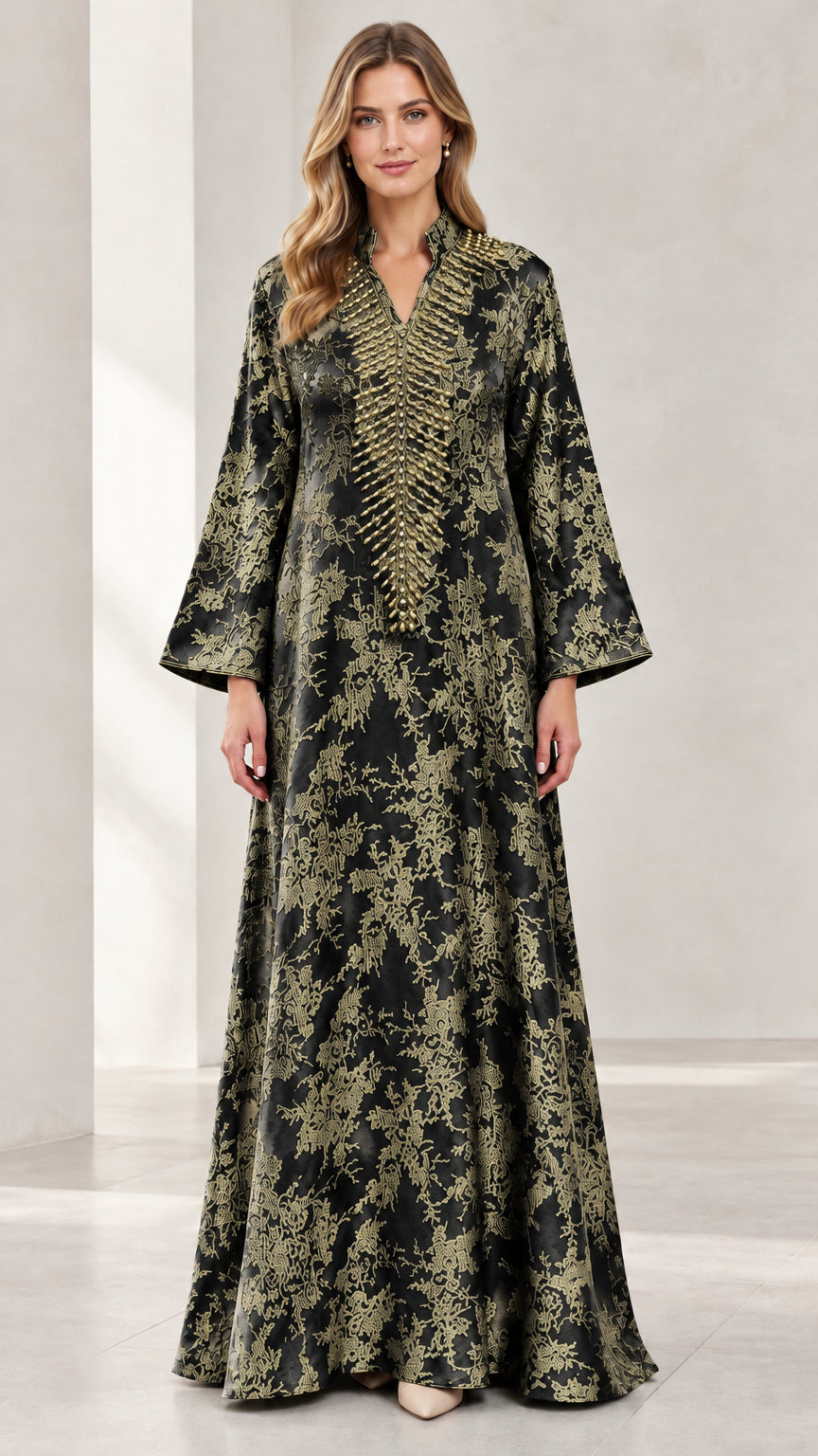 Black and gold metallic jacquard beaded neckline kaftan maxi dress
