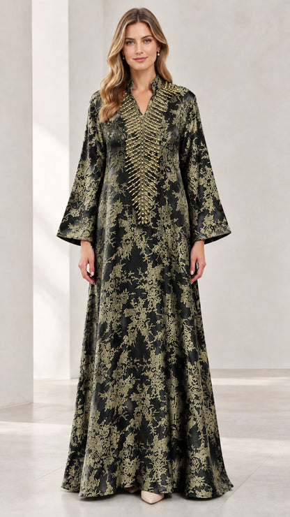 Black and gold metallic jacquard beaded neckline kaftan maxi dress