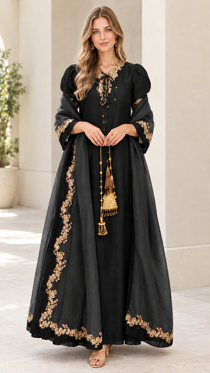Full front view of black embroidered maxi dress with sheer scarf set