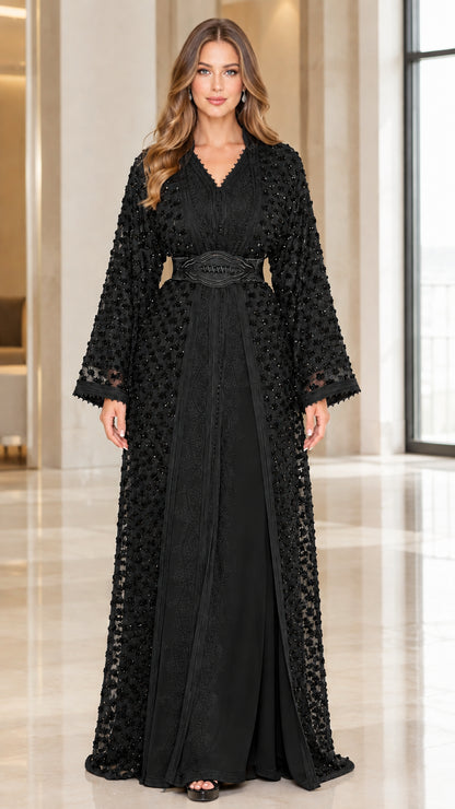 Front view of black beaded lace formal kaftan dress