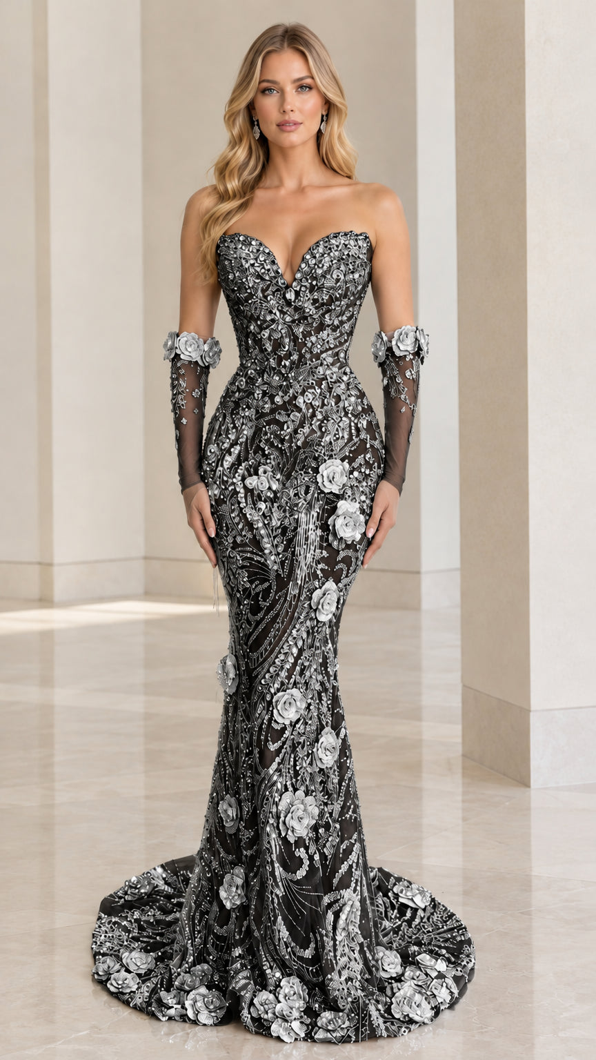 Black sweetheart beaded mermaid evening gown with 3D flowers and matching sleeves