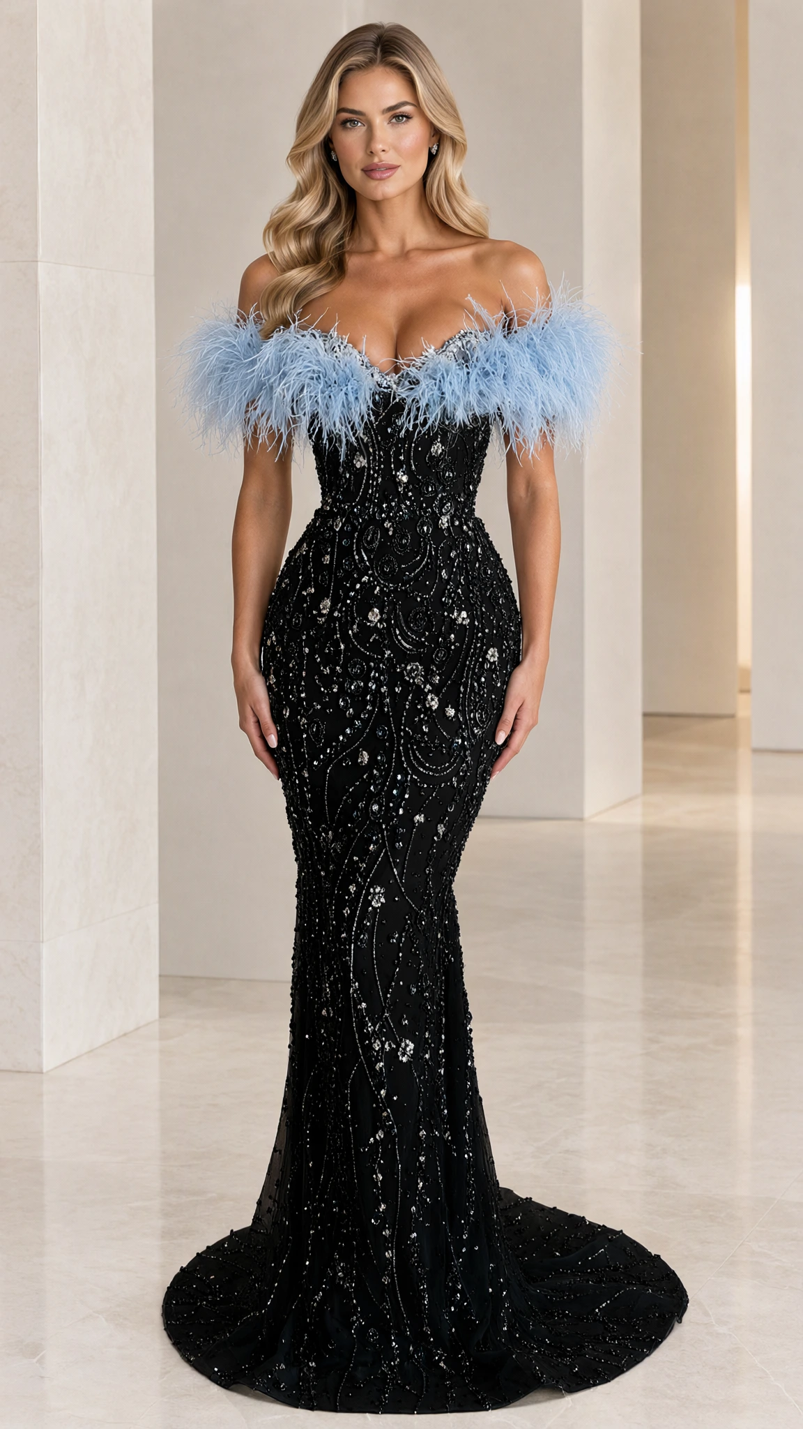 Front view of black beaded mermaid evening gown with sky blue feather trim
