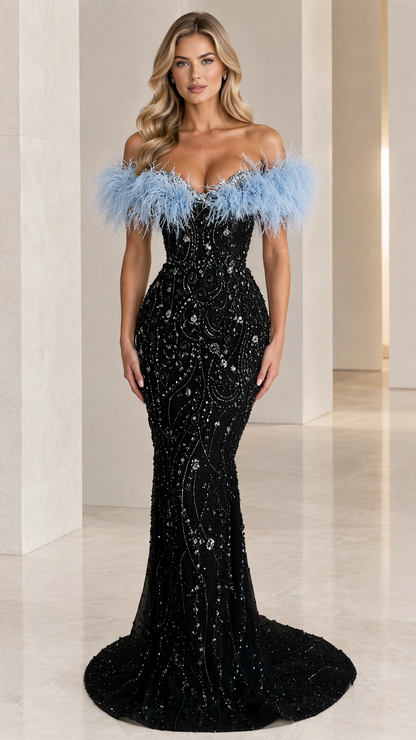Front view of black beaded mermaid evening gown with sky blue feather trim
