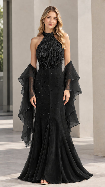 Black halter neck beaded fringe mermaid evening dress with matching sheer wrap