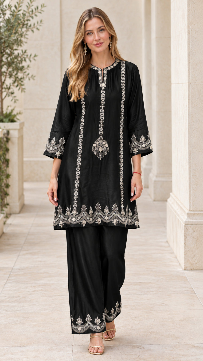 Front full-length view of black embroidered tunic and matching trousers set