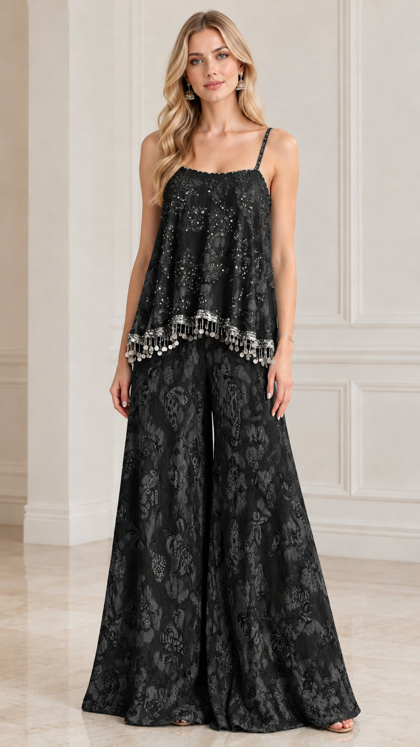Black sequin embroidered cami top and wide-leg palazzo pants set