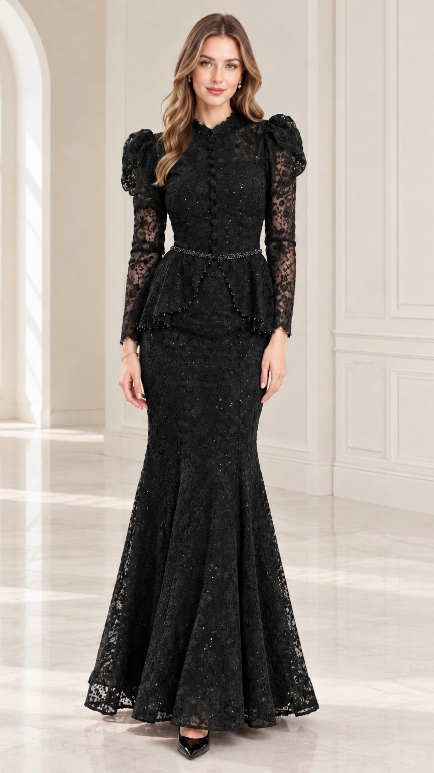 Model wearing black long sleeve lace peplum mermaid formal gown