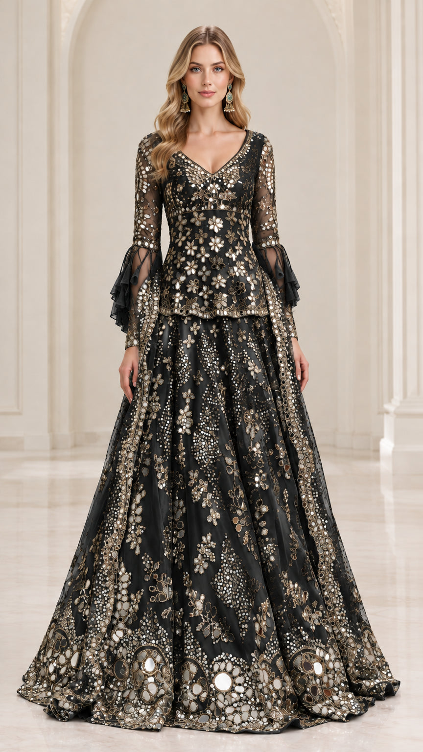 Front view of model wearing Black embellished peplum maxi dress
