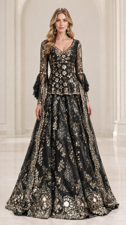 Front view of model wearing Black embellished peplum maxi dress
