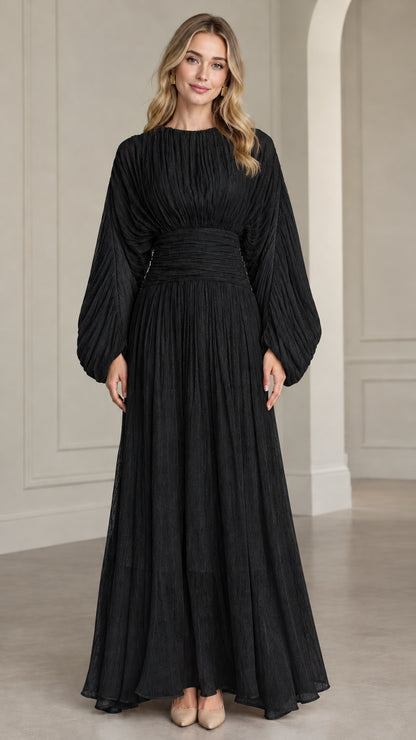 Black pleated long sleeve evening maxi dress with ruched waist