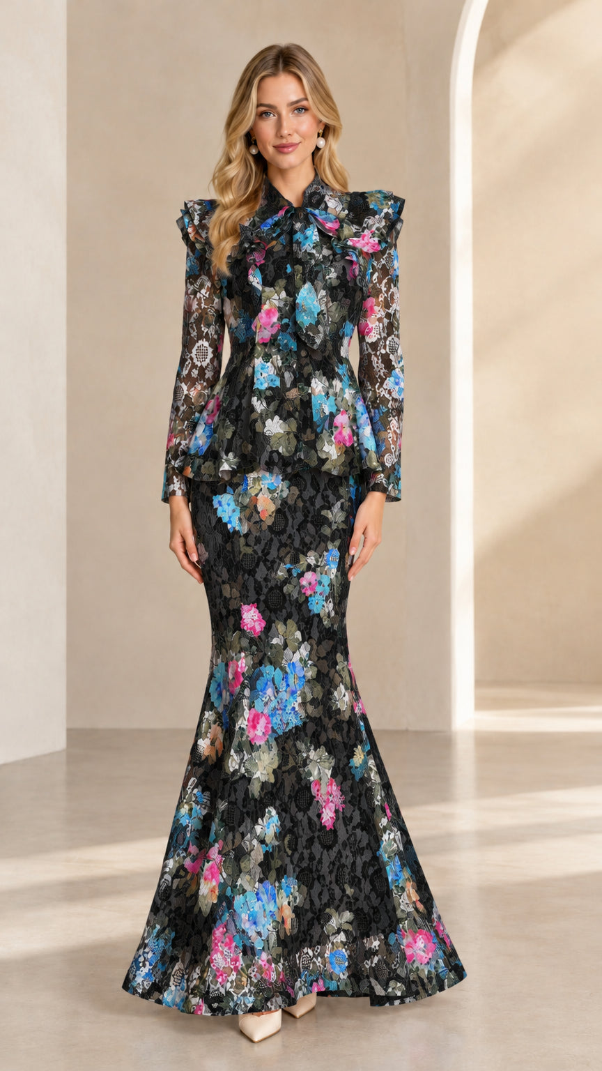Black floral lace peplum top and floor-length mermaid skirt