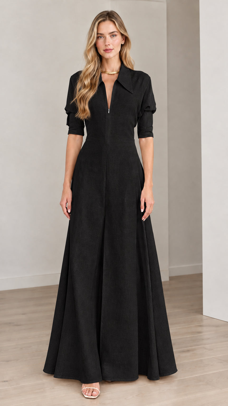Front view of model wearing a Classic Black collared wide-leg maxi jumpsuit