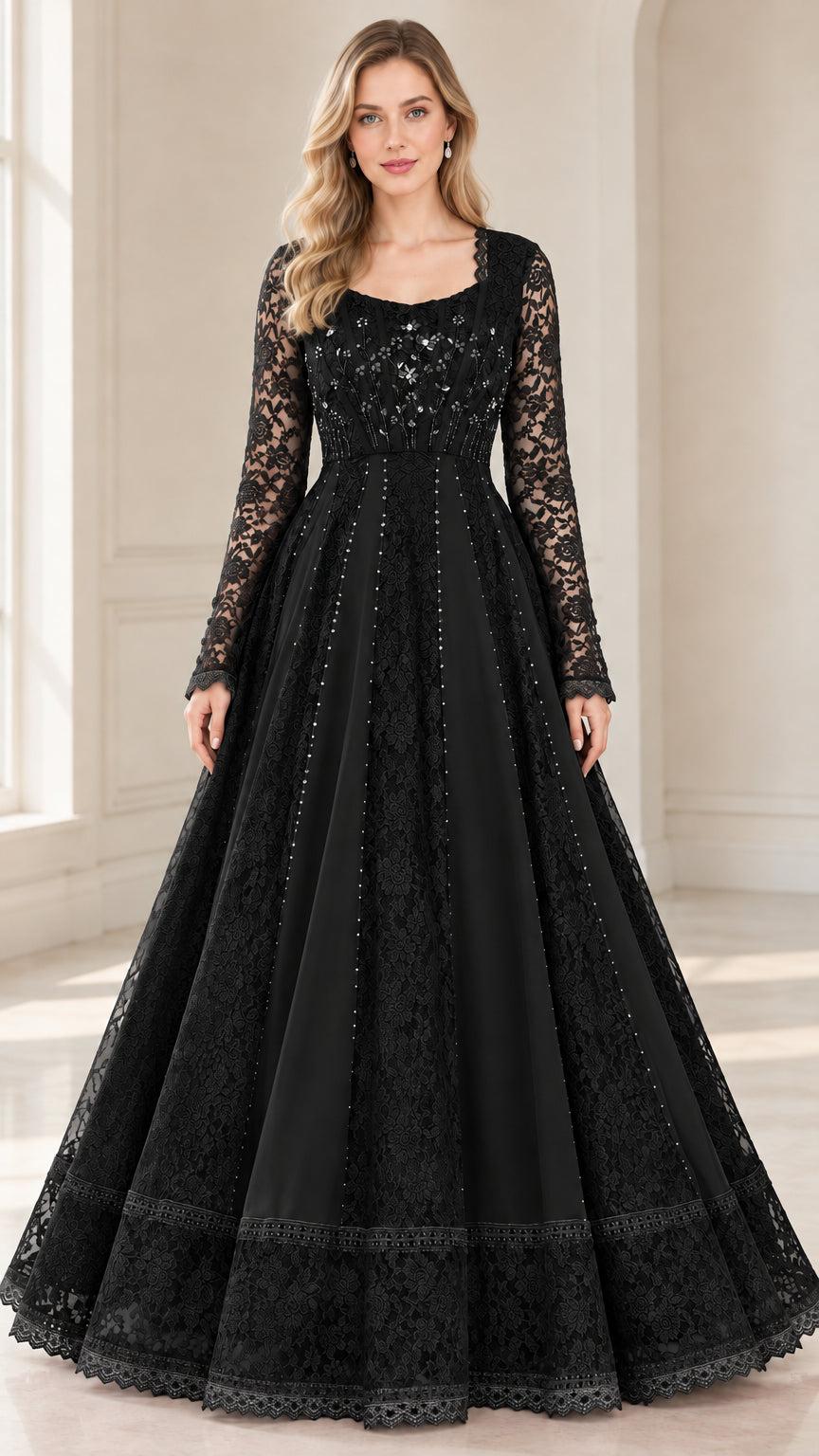 Black floral lace long sleeve formal maxi dress front view