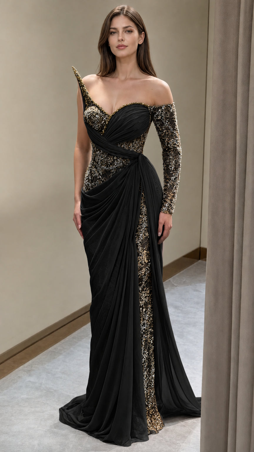Black asymmetrical sequin evening gown with gold glitter details