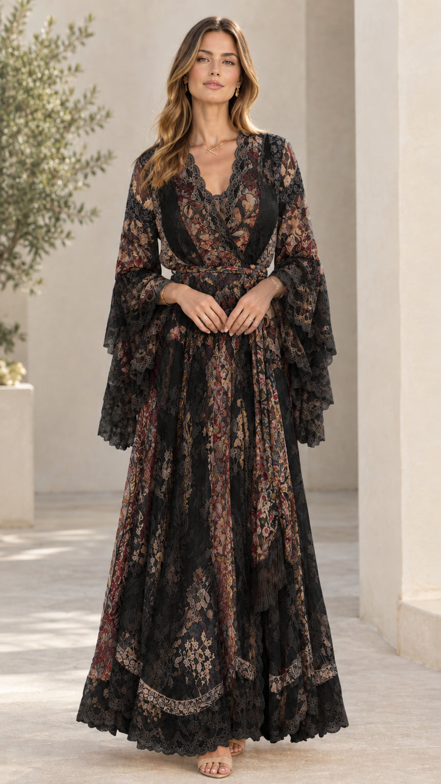 Black floral lace tiered bell sleeve maxi dress front view