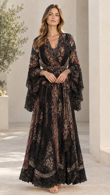 Black floral lace tiered bell sleeve maxi dress front view