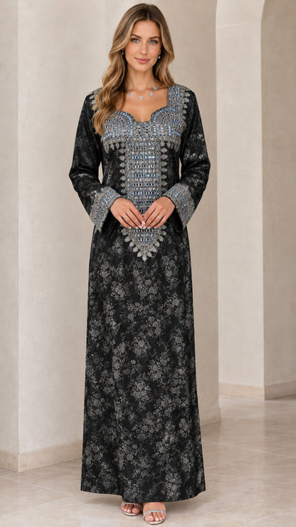 Black embroidered long sleeve maxi kaftan dress