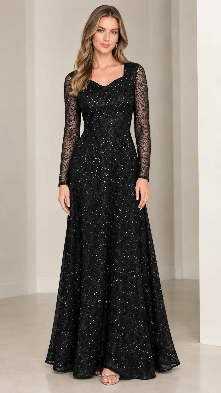 Front view of black long sleeve sequin lace formal gown