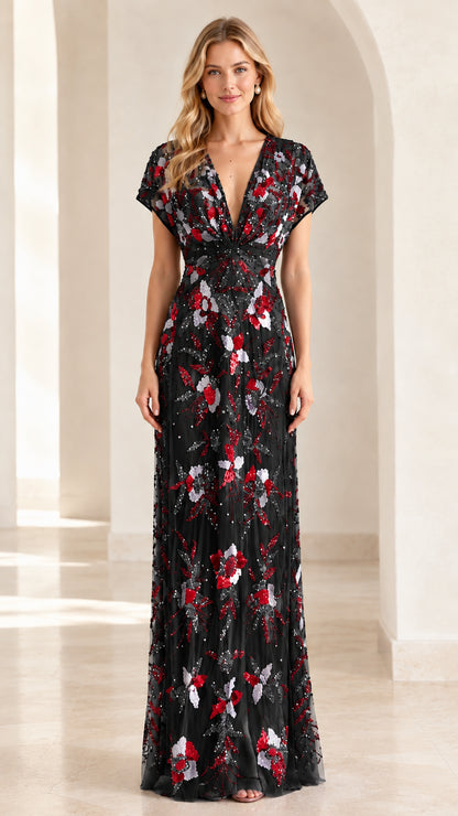 Front view of black floral sequin embellished maxi evening gown
