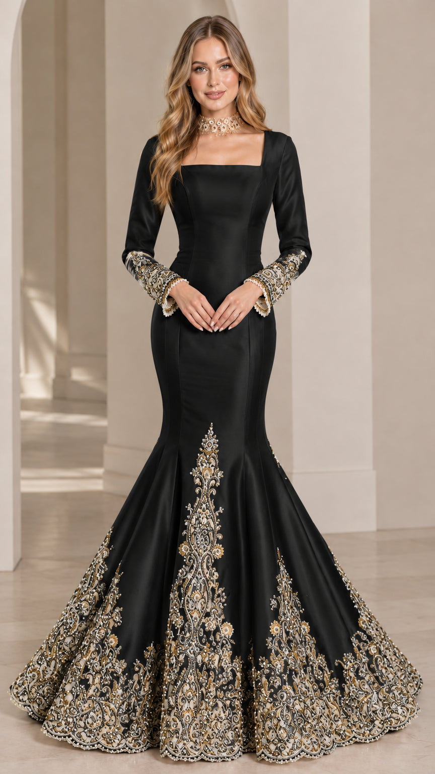 Front view of black long sleeve square neck mermaid gown with contrasting gold embroidery