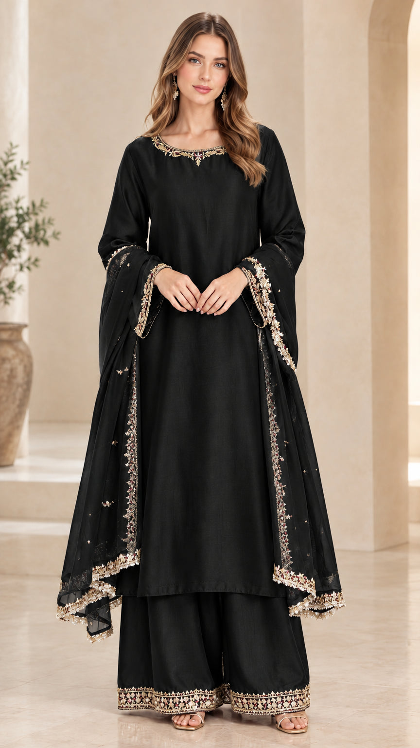 Black embroidered kurta palazzo suit set with matching sheer dupatta