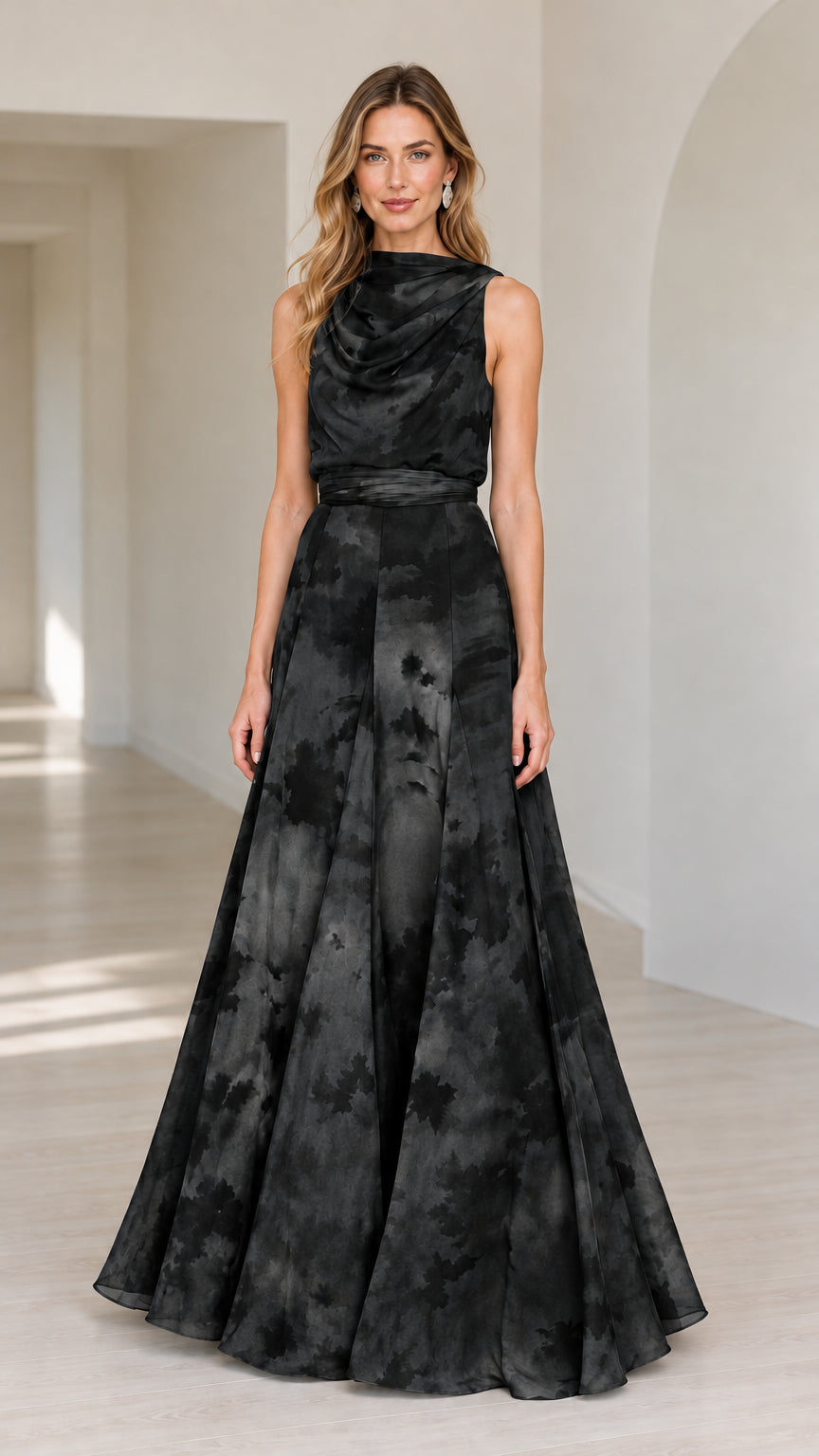 Front view of woman wearing charcoal black abstract print cowl neck maxi evening dress