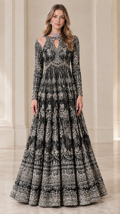 Full-length Black embroidered formal evening gown with long sleeves
