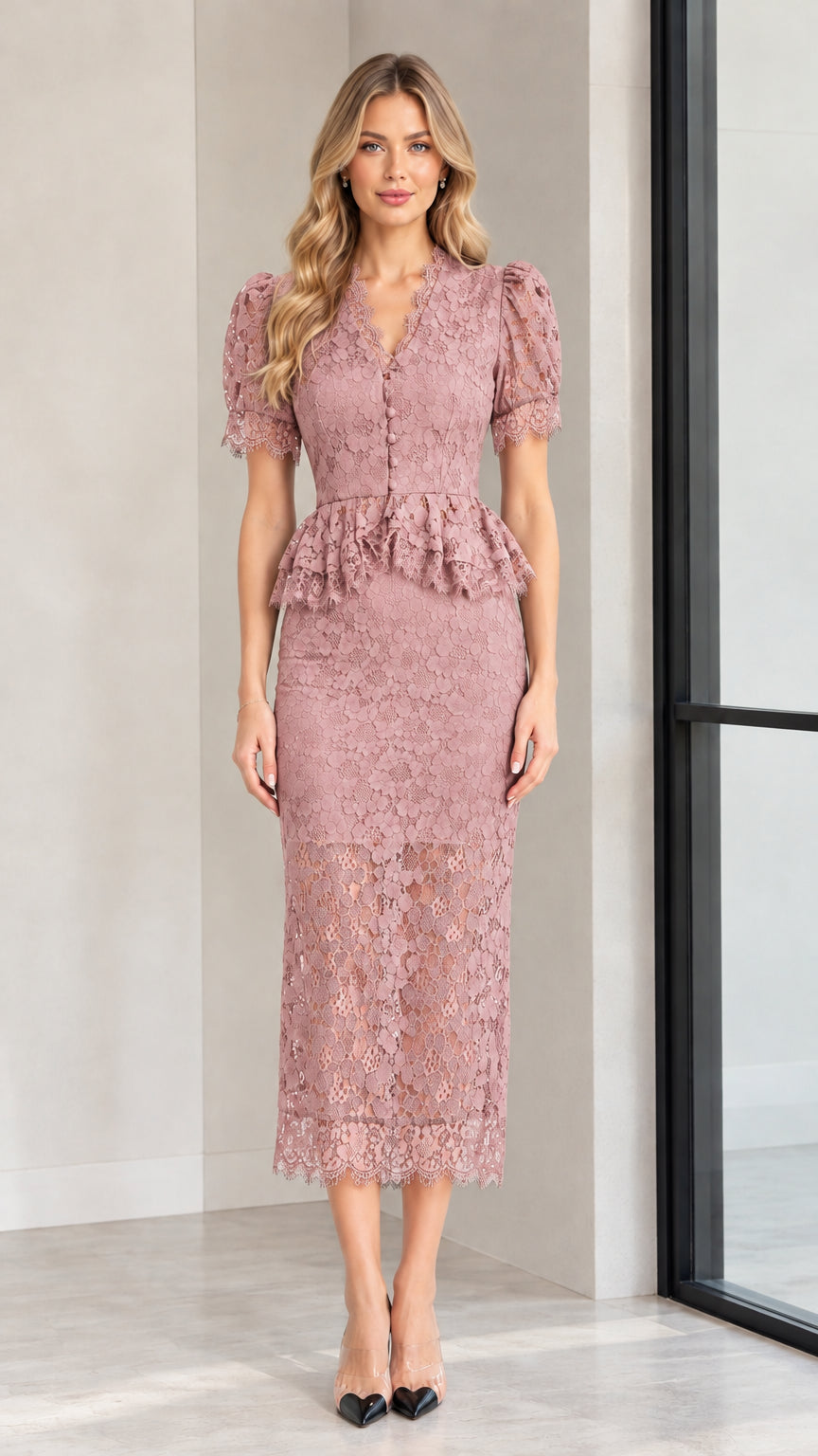 Model wearing dusty rose floral lace peplum midi dress