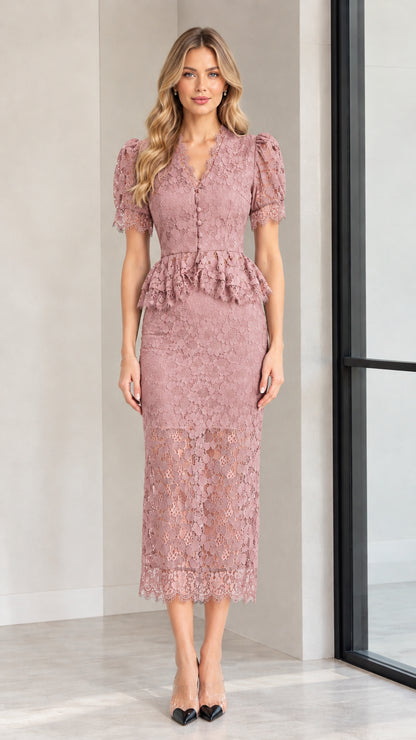 Model wearing dusty rose floral lace peplum midi dress