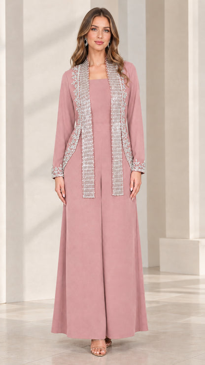 Dusty pink wide-leg evening jumpsuit set with matching embellished jacket
