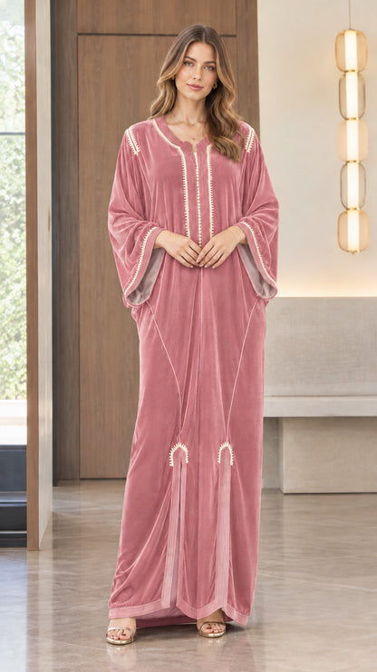 Full front view of model wearing the Dusty Rose embroidered velvet kaftan maxi dress