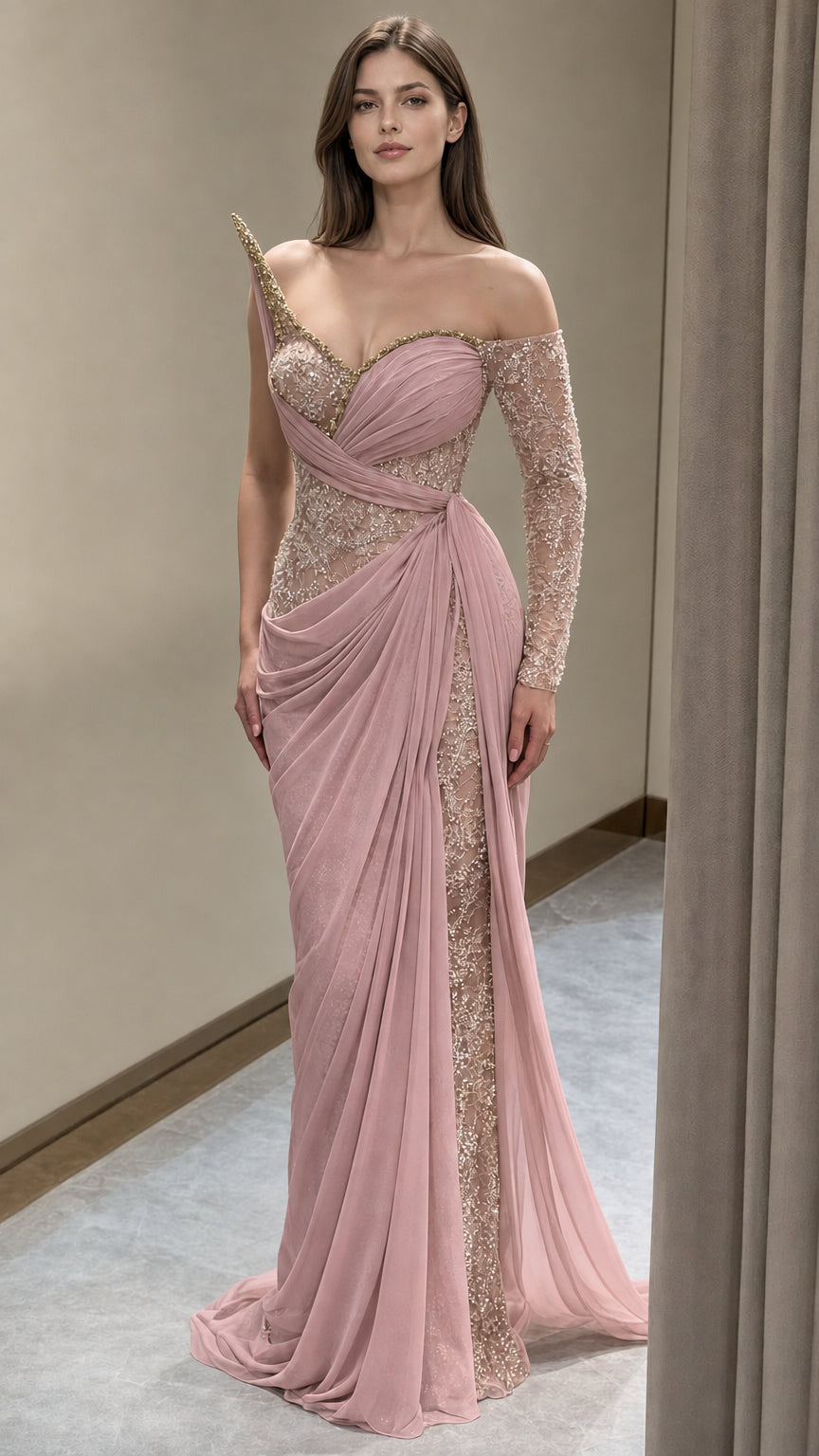 Dusty pink draped formal gown with sparkling sequin overlay