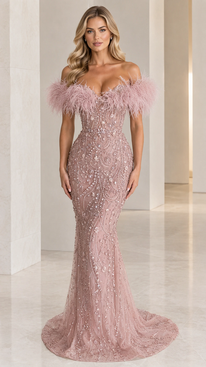 Front view of dusty pink off-the-shoulder beaded mermaid formal gown with feather trim