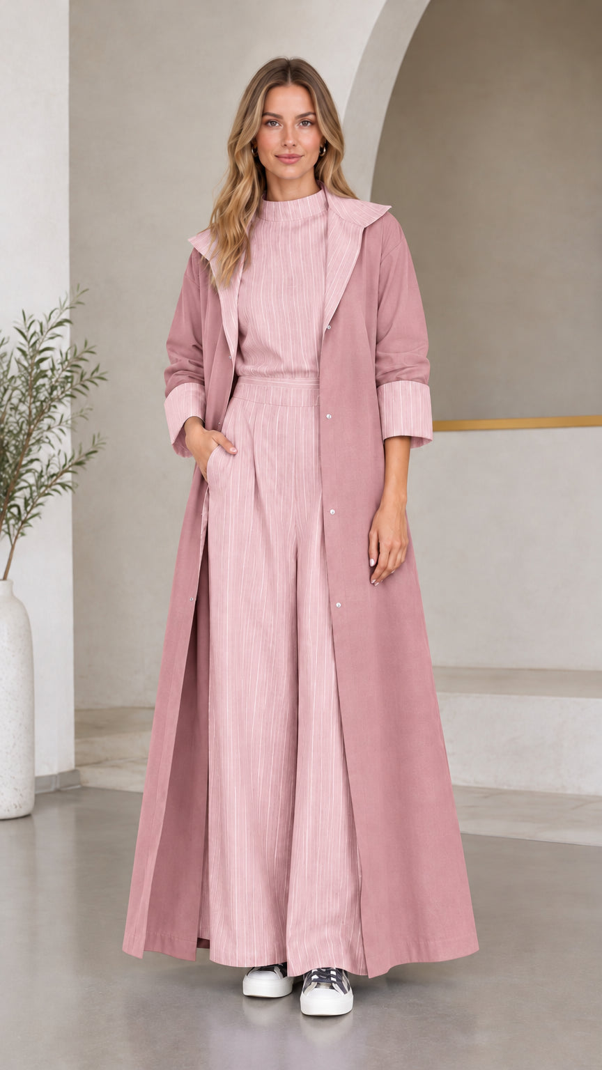 Women's dusty pink striped wide-leg ensemble paired with matching dusty pink maxi coat